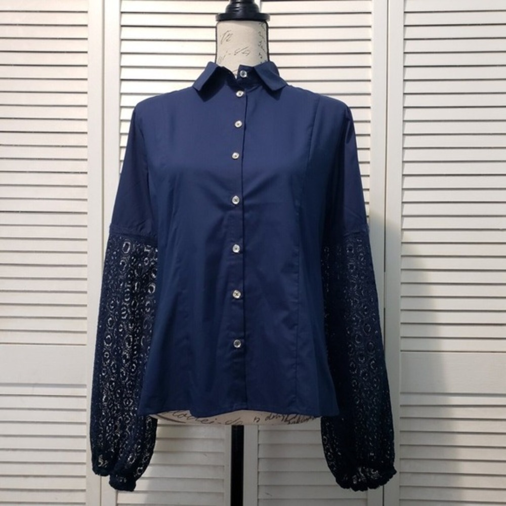 Romimona Tailored Button-up Blouse Women's Large Navy Blue Lace Puff Sleeve Top